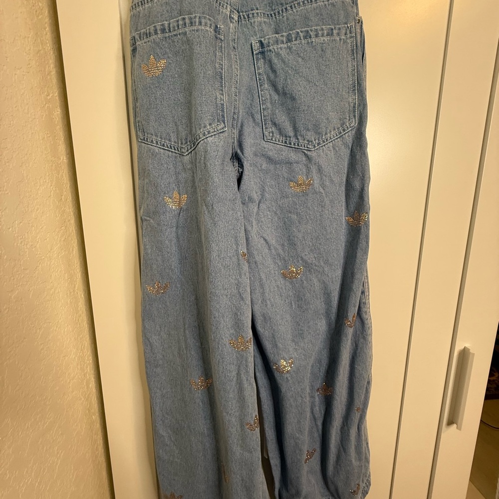 Adidas Originals Limited Denim Rhinestone Wide Leg Jeans - Picture 4 of 5